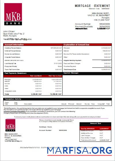 Printable Hungary MKB Bank bank mortgage statement scr template